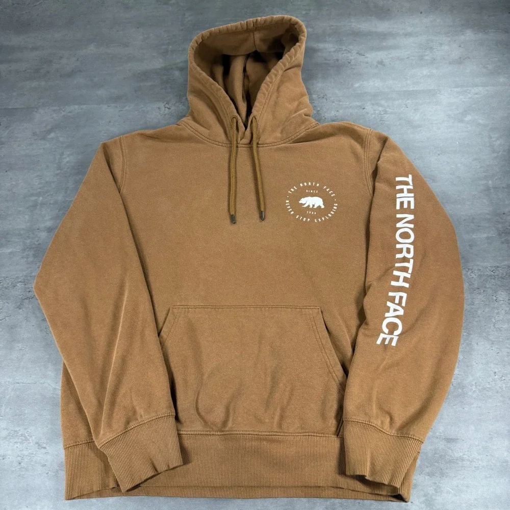 The‎ North Face Hoodie Mens Medium Brown Graphic Sleeve Logo Pullover Bear